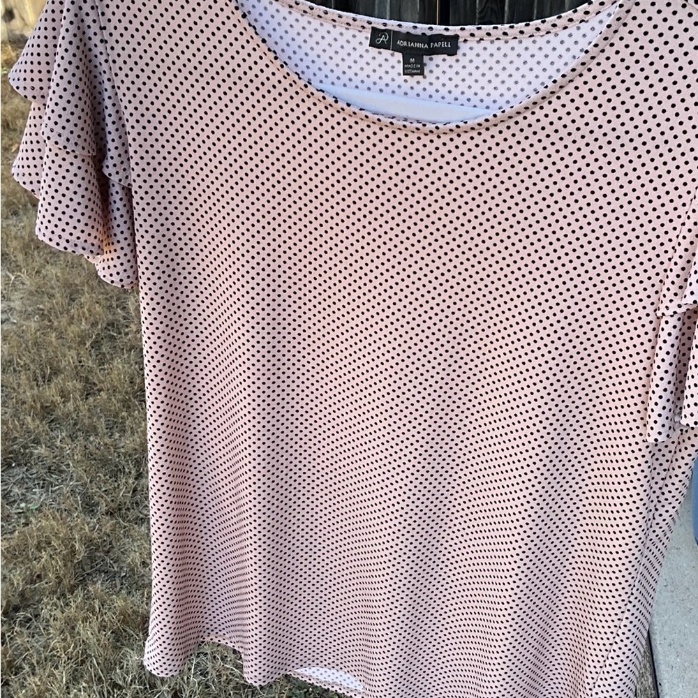 Adrianna Papell Black Polka Dot Ruffle Blouse 
Color: Mauve & Black